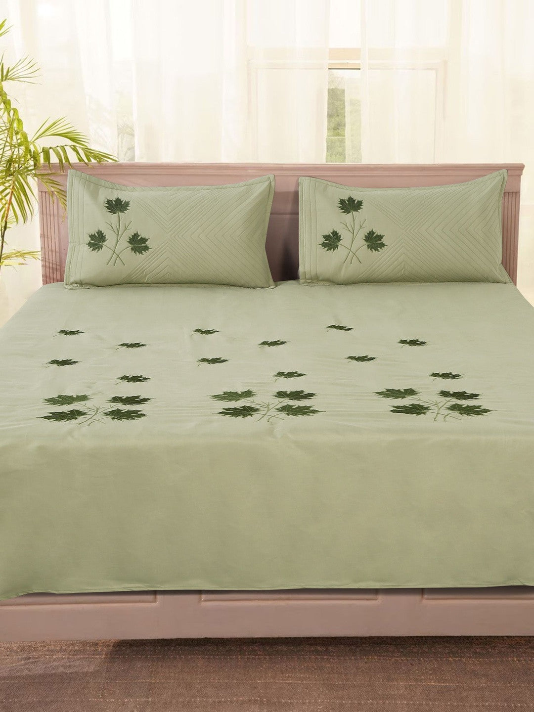 Embroidered leaf bedsheet set, green, green